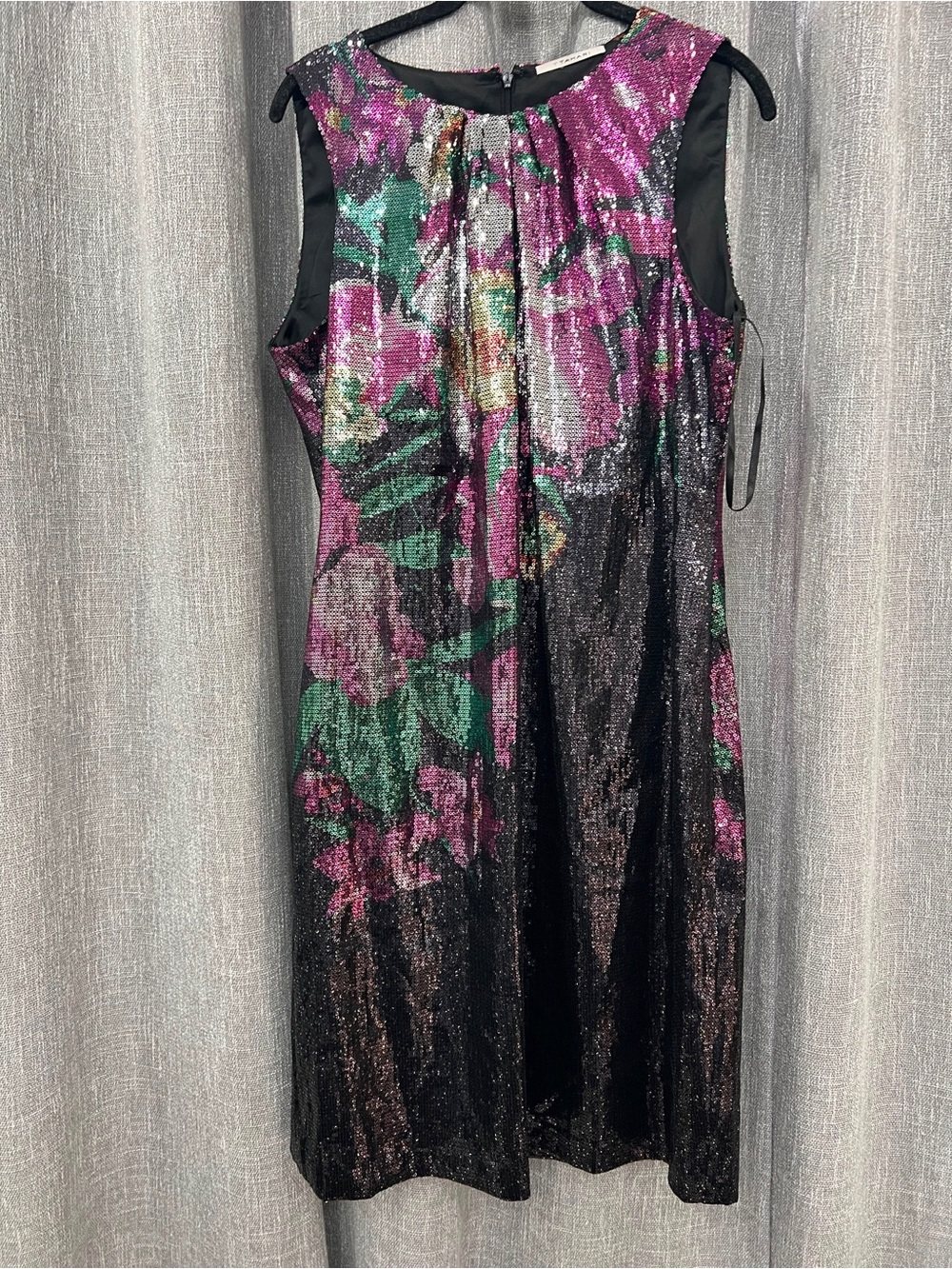 T Tahari Black Sequin Floral Sheath Dress with Pink & Green Accents